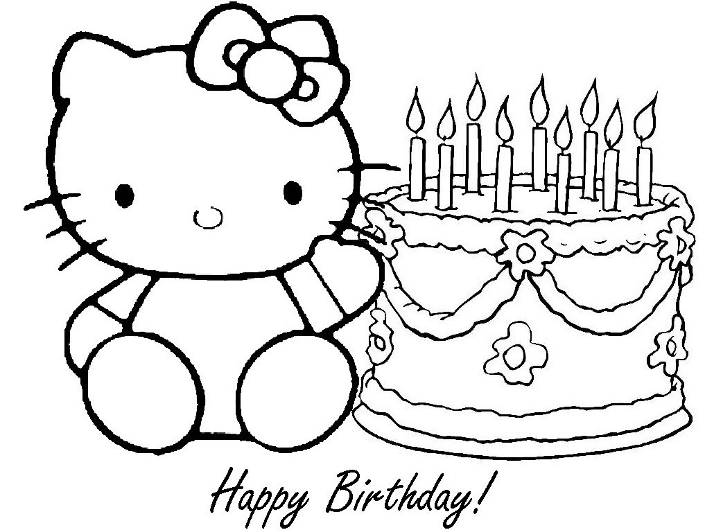 Gambar Sketsa Hello Kitty dan Kue Ulang Tahun