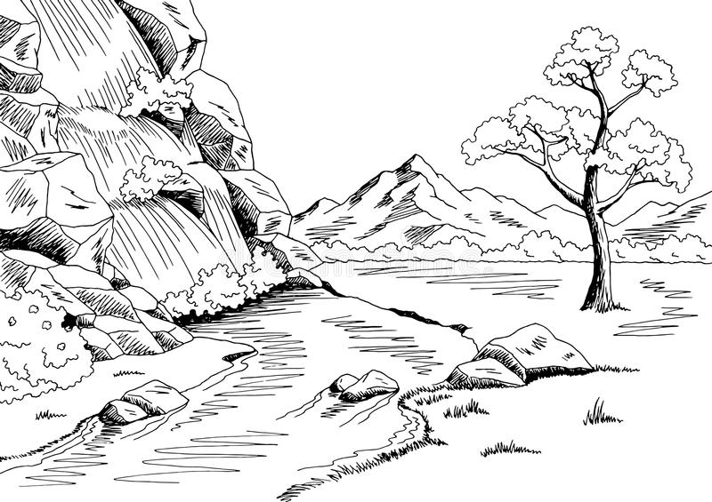contoh mewarnai gambar sketsa air terjun