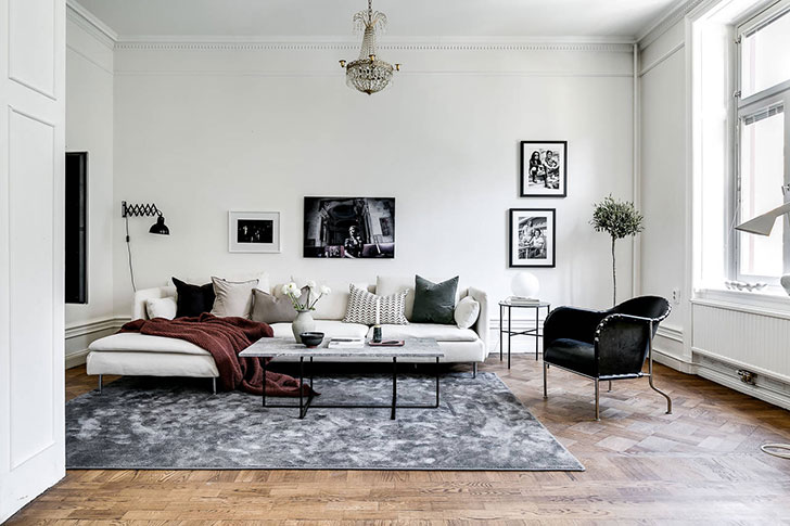 gambar hitam putih ruang keluarga konsep skandinavia