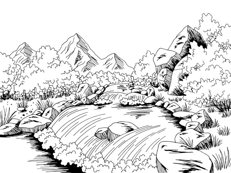 gambar sketsa air terjun di pegunungan hd