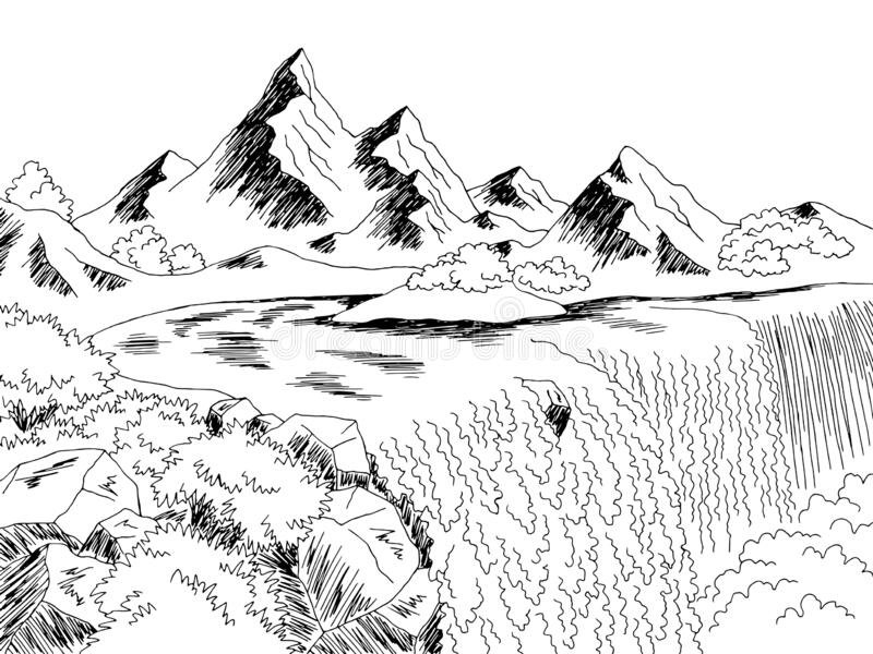 gambar sketsa air terjun di pegunungan