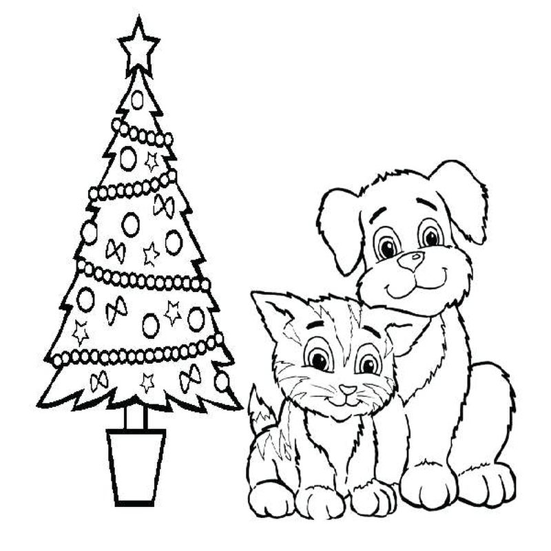 gambar sketsa kucing dan pohon natal