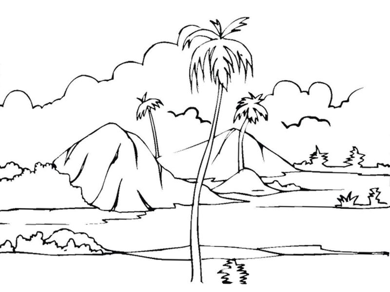 gambar sketsa pohon di gunung