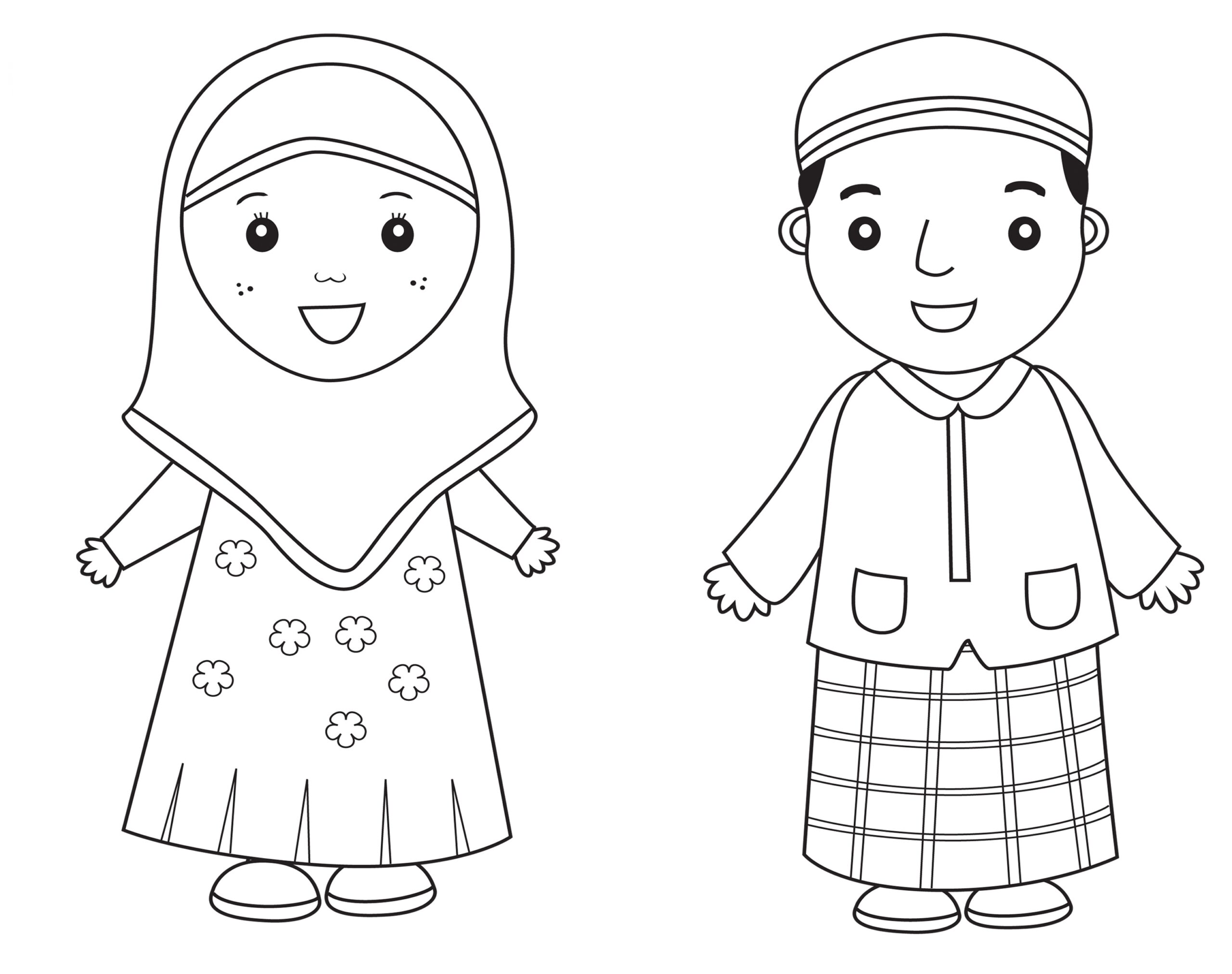 contoh mewarnai gambar anak laki laki dan perempuan muslim
